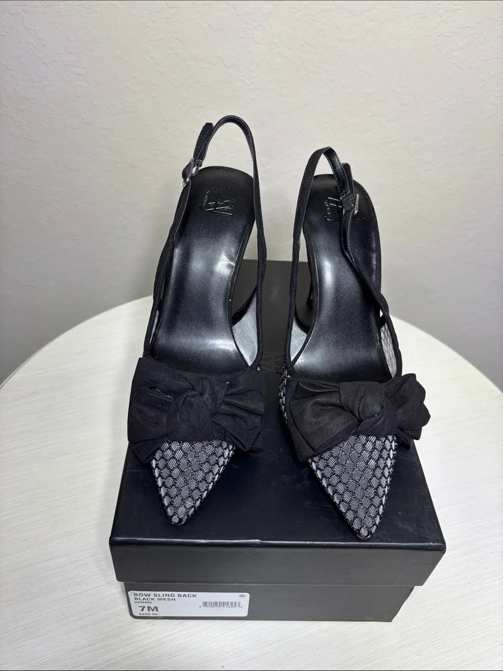 AAJ By Aminah Gemma Black Mesh Bow Slingback Pointed Toe  Stiletto Heels 7M NIB
